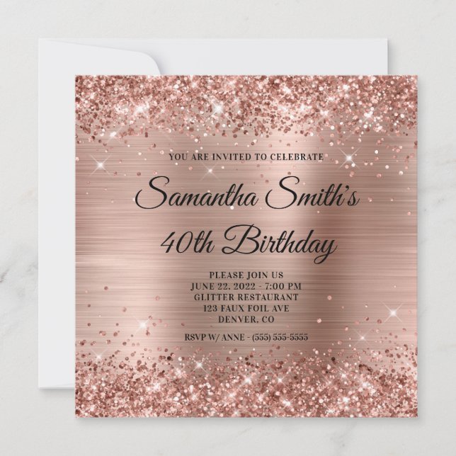 Invitation Parties scintillant d'or rose et glam Foil 40e ann (Devant)