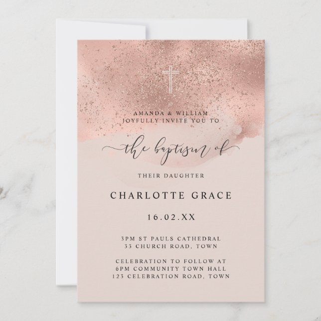 Invitation Parties scintillant d'or rose Étincelle Script Bap (Devant)