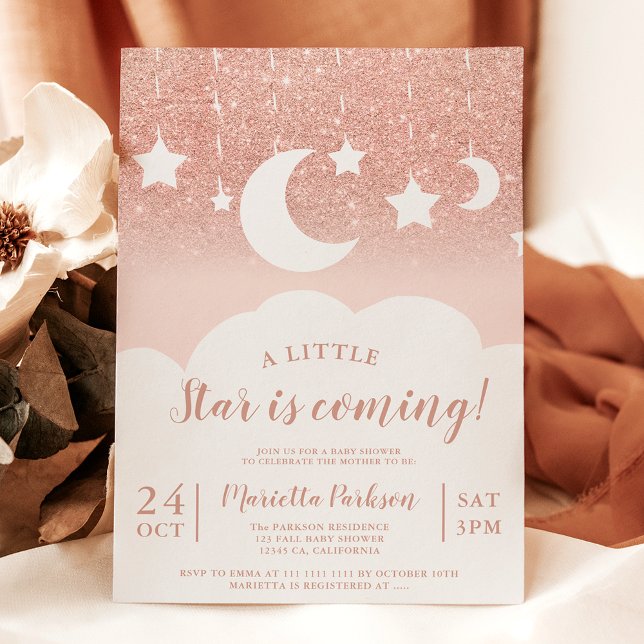 Invitation parties scintillant d'or rose étoile de lune baby  (Rose gold glitter star moon cloud baby shower invitation)
