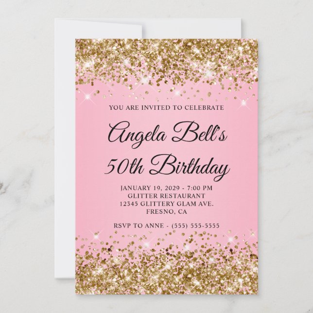 Invitation Parties scintillant d'or rose fantaisie Monogramme (Devant)