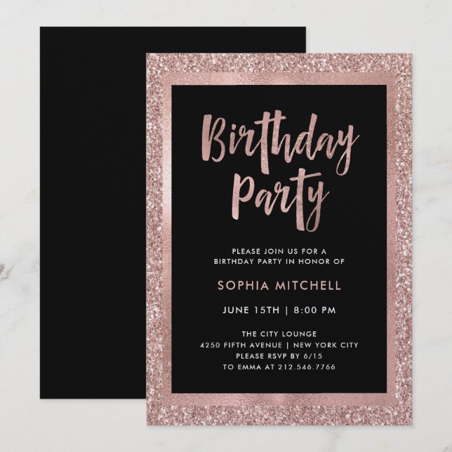 Invitation Parties scintillant d'or Rose Faux | Fête d'annive (Devant / Derrière)