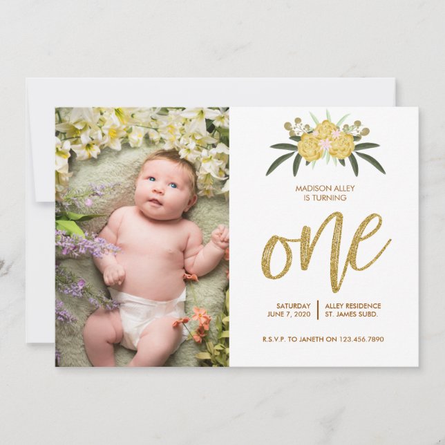 Invitation Parties scintillant d'or Rose & Feuilles botanique (Devant)