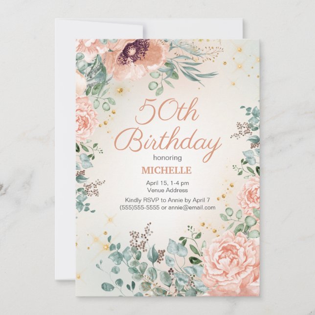 Invitation Parties scintillant d'or rose floral 50e anniversa (Devant)