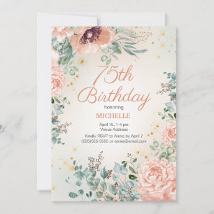 Invitation Parties scintillant d'or rose floral 75e anniversa