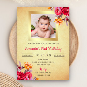 Invitation Parties scintillant d'or rose floral premier anniv