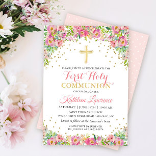 Invitation Parties scintillant d'or Rose Floral Première Comm