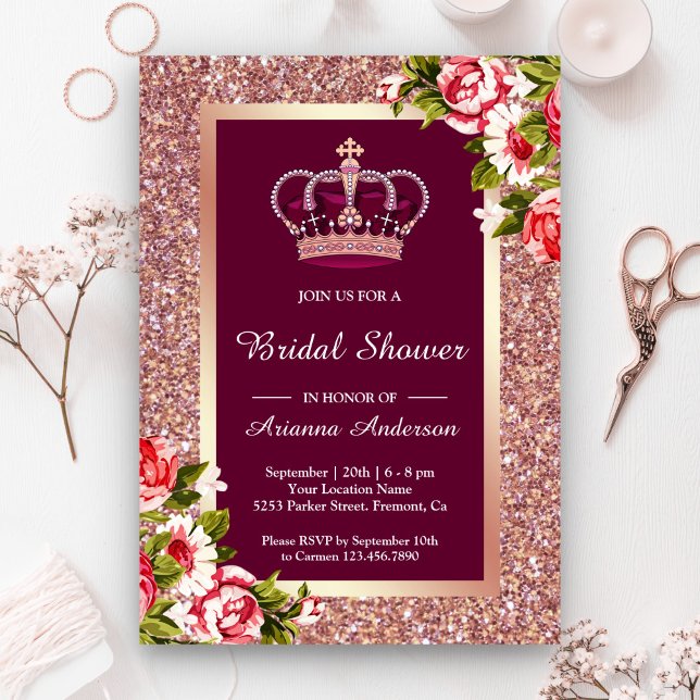Invitation Parties scintillant d'or rose Floral Princess Fête (Créateur téléchargé)