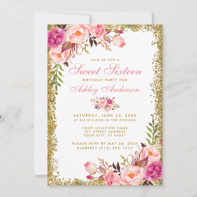Invitation Parties scintillant d'or rose Floral Sweet 16 Anni (Devant)