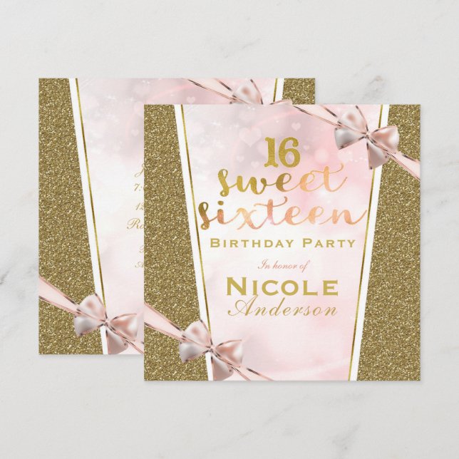 Invitation Parties scintillant d'or rose glam Sweet 16 Bow fê (Devant / Derrière)