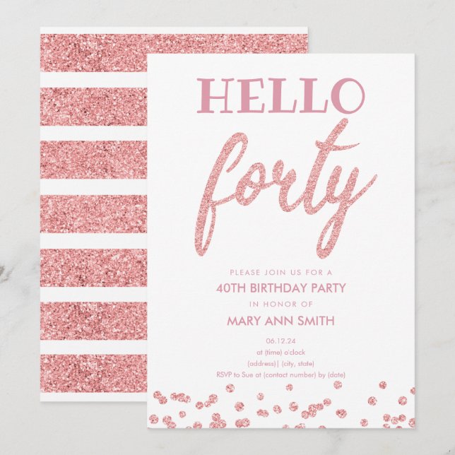 Invitation Parties scintillant d'or rose "Hello Quarty" fête  (Devant / Derrière)