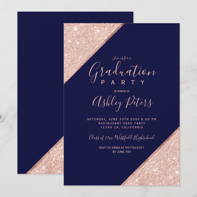 Invitation parties scintillant d'or rose marine bleu typograp (Devant / Derrière)