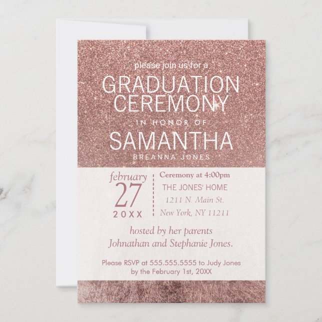 Invitation Parties scintillant d'or Rose moderne fille diplôm (Devant)
