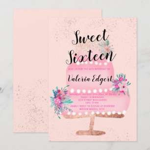 Invitation Parties scintillant d'or rose moderne gâteau rose