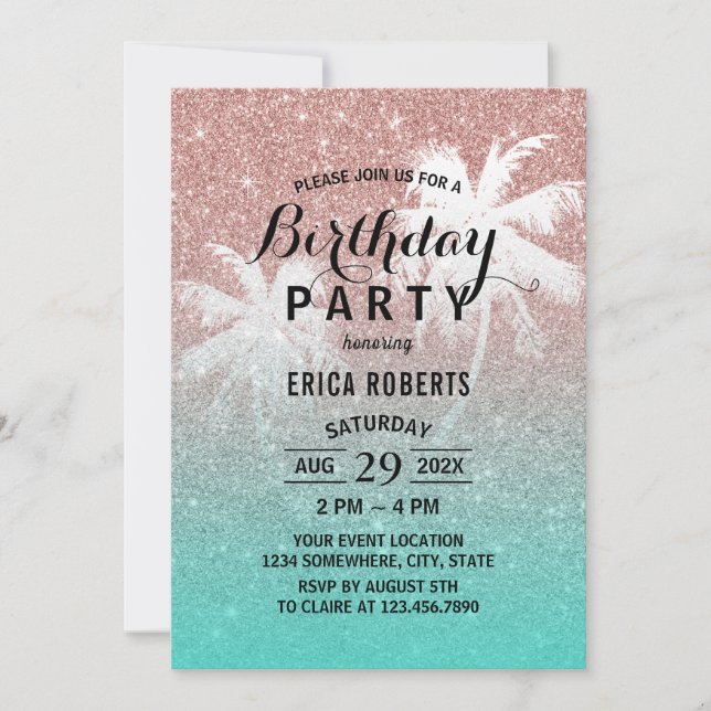 Invitation Parties scintillant d'or Rose moderne Tropical Ann (Devant)