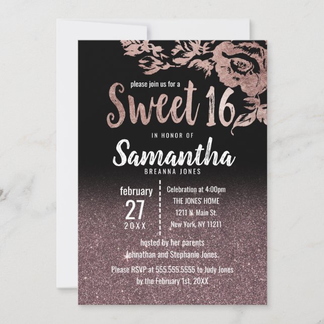 Invitation Parties scintillant d'or Rose noir Gradient Floral (Devant)