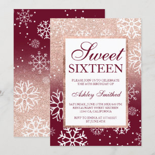 Invitation parties scintillant d'or rose ombre bordeaux neige