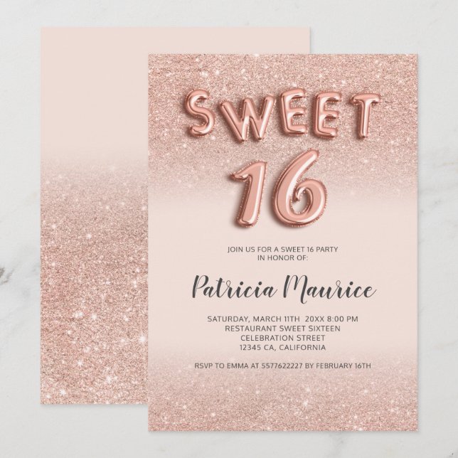 Invitation parties scintillant d'or rose ombre lettres rose c (Devant / Derrière)