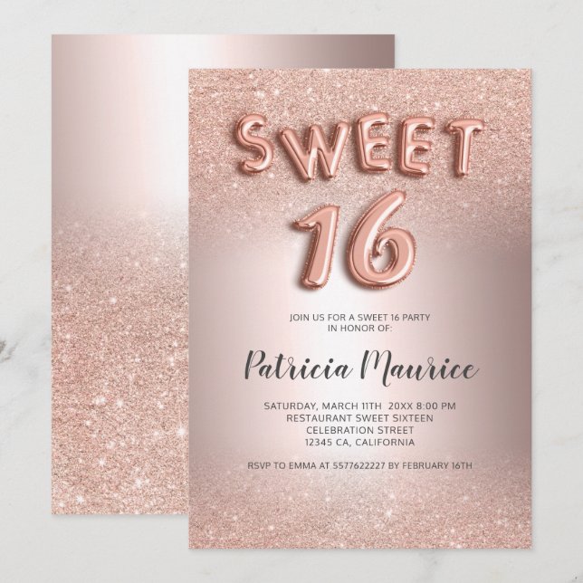 Invitation parties scintillant d'or rose ombres lettres métal (Devant / Derrière)