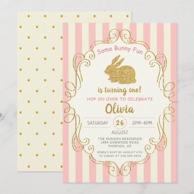 Invitation Parties scintillant d'or rose Quelques Bunny Invit (Devant / Derrière)
