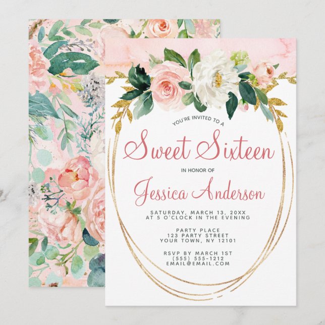 Invitation Parties scintillant d'or rose Sweet sixteen Floral (Devant / Derrière)