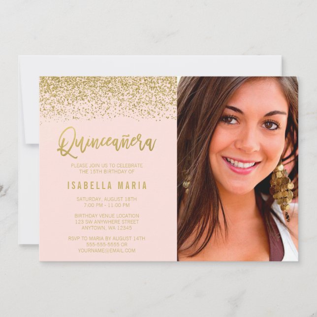 Invitation Parties scintillant d'or rose vif moderne Quincean (Devant)