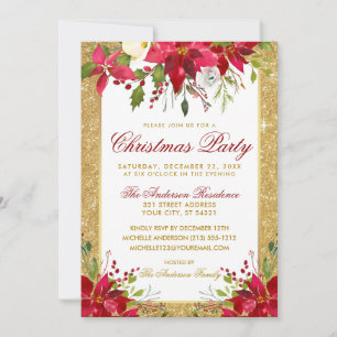 Invitation Parties scintillant d'or Rouge Poinsettia Fête de 