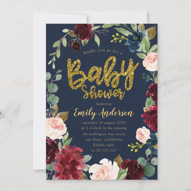 Invitation Parties scintillant d'or script burgundy baby show (Devant)