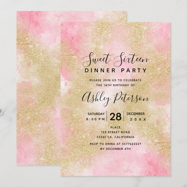 Invitation Parties scintillant d'or, script d'aquarelle rose  (Devant / Derrière)