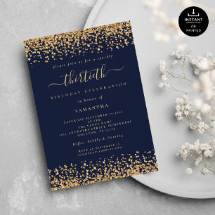 Invitation Parties scintillant d'or Script Marine Blue Glam 3