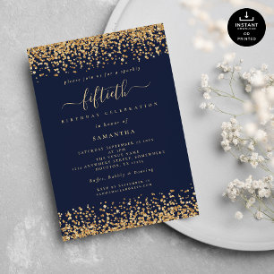 Invitation Parties scintillant d'or Script Marine Blue Glam 5