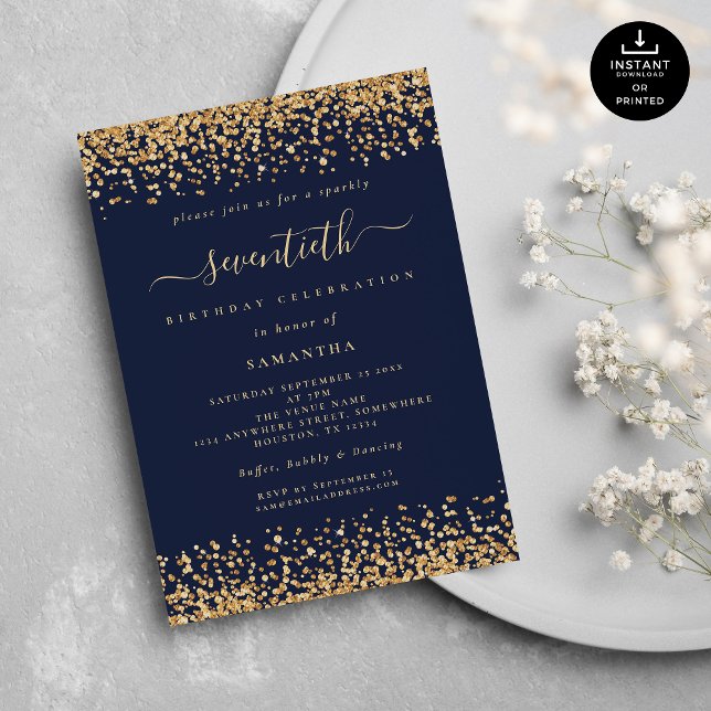 Invitation Parties scintillant d'or Script Marine Blue Glam 7 (Créateur téléchargé)