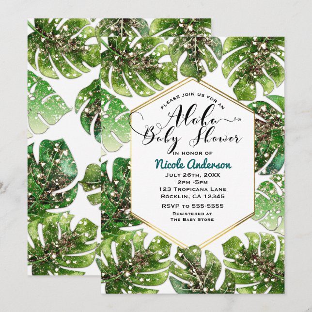 Invitation Parties scintillant d'or Sparkle Tropical Feuille  (Devant / Derrière)