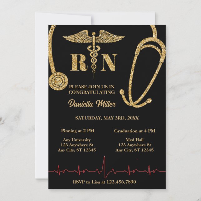 Invitation Parties scintillant d'or Stethoscope RN Caduceus G (Devant)