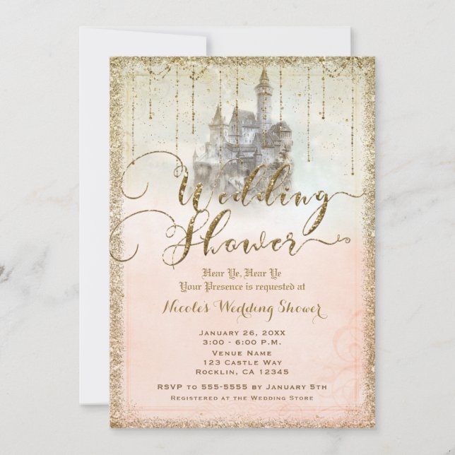 Invitation Parties scintillant d'or Storybook Castle Wedding  (Devant)