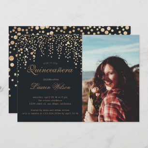 Invitation parties scintillant d'or sur Quinceanera noir Phot