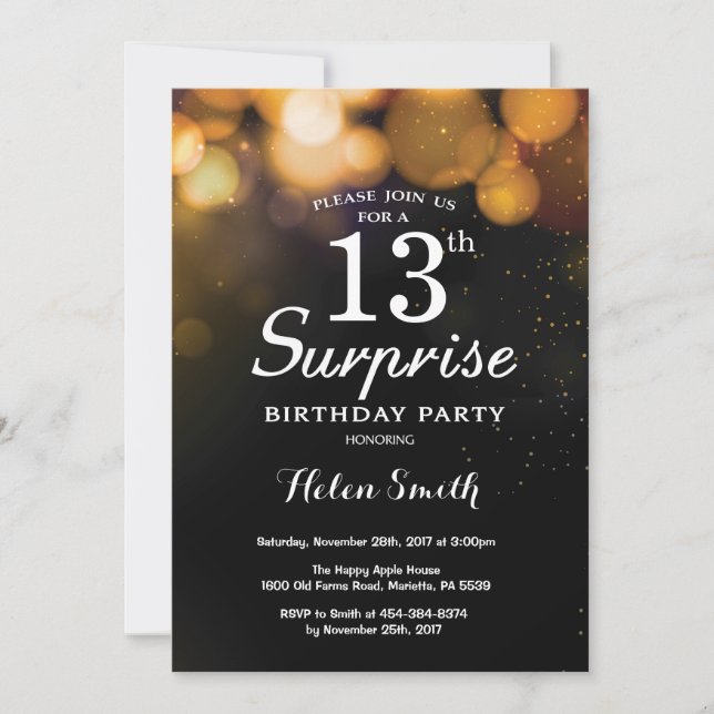 Invitation Parties scintillant d'or Surprise 13ème anniversai (Devant)
