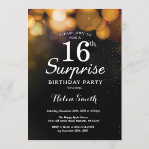 Invitation Parties scintillant d'or Surprise 16e anniversaire