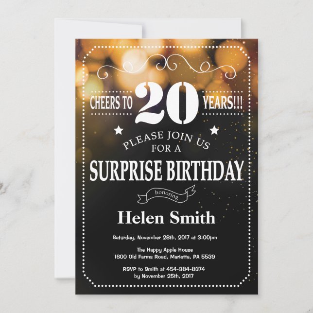 Invitation Parties scintillant d'or Surprise 20e anniversaire (Devant)