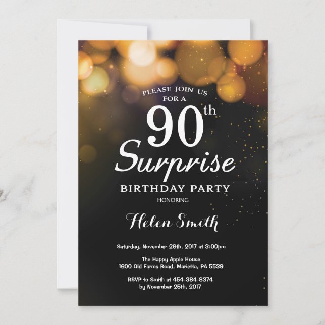 Invitation Parties scintillant d'or Surprise 90e anniversaire (Devant)