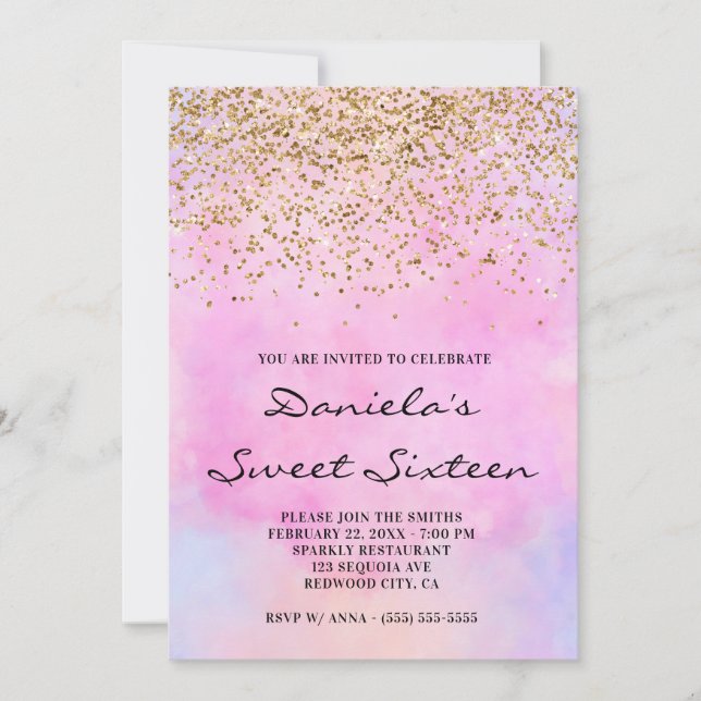 Invitation Parties scintillant d'or Sweet sixteen d'aquarelle (Devant)