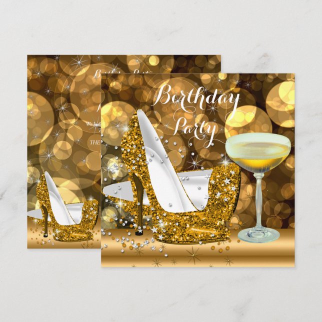 Invitation Parties scintillant d'or talons hauts Champagne fê (Devant / Derrière)