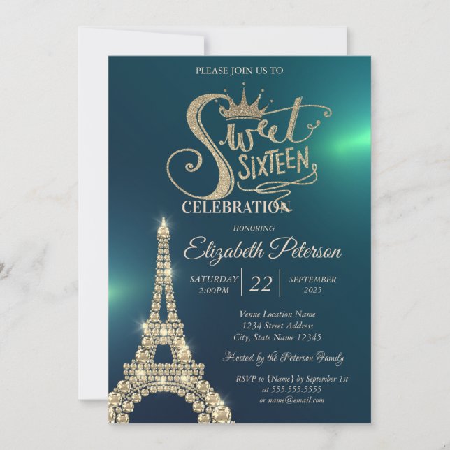 Invitation Parties scintillant d'or Tiara, Diamants Tour Eiff (Devant)