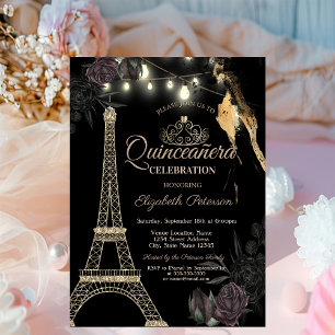 Invitation Parties scintillant d'or Tour Eiffel Roses noirs Q