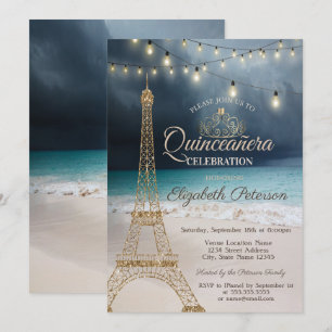 Invitation Parties scintillant d'or Tour Eiffel, Tiara Beach 