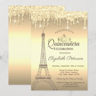 Invitation Parties scintillant d'or Tour Eiffel, Tiara, Drive