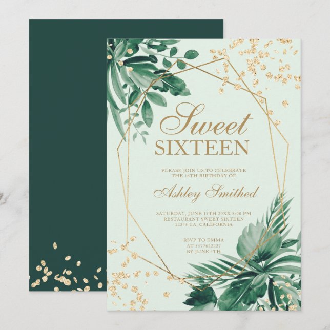 Invitation Parties scintillant d'or tropical vert aquarelle S (Devant / Derrière)