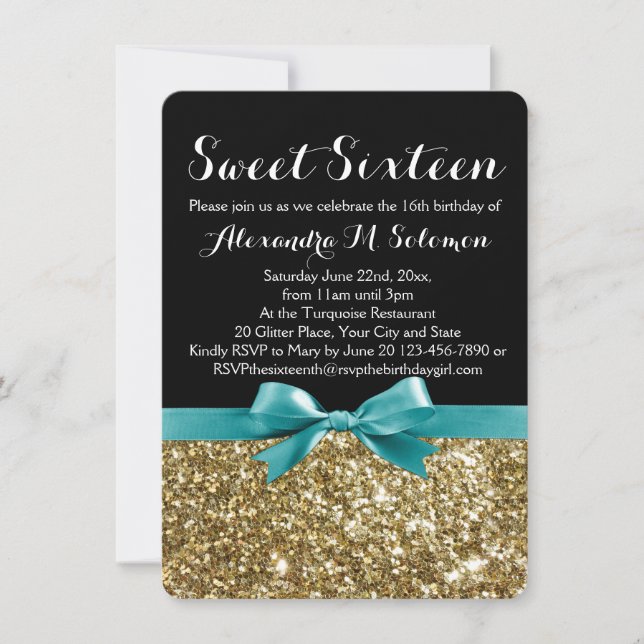 Invitation Parties scintillant d'or Turquoise Sweet 16 Party  (Devant)