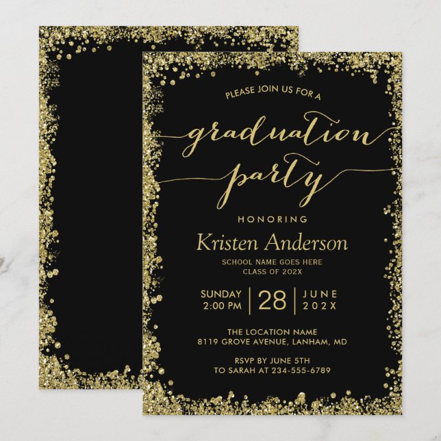 Invitation Parties scintillant d'or Typographie de frontière  (Devant / Derrière)
