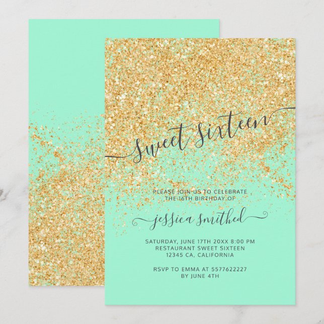 Invitation Parties scintillant d'or typographie menthe vert d (Devant / Derrière)