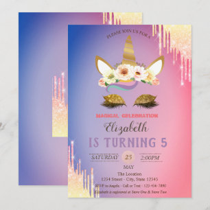 Invitation Parties scintillant d'or Unicorn Fleurs, Ombre Dri
